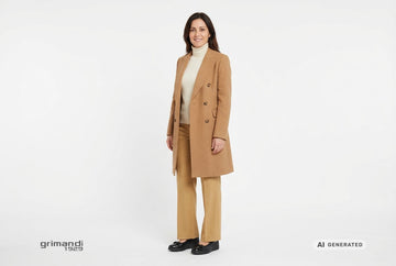 Decollete Melluso donna indossate con cappotto lana cammello, dolcevita cashmere crema e pantaloni flanella sabbia dorata. Outfit 2