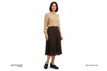 Outfit 2 – Camicia fluida sabbia con gonna midi pieghe cioccolato fondente