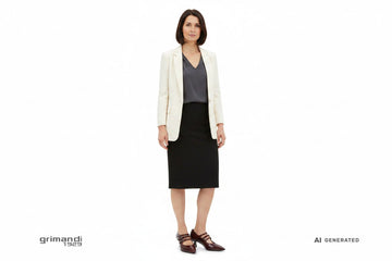 Outfit 1 Ufficio – Blusa cady viscosa grigio antracite con gonna tubino crepe nero e blazer strutturato panna