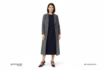 Outfit 2 Eleganza Formale – Abito midi maglia rasata lana blu navy profondo con cappotto lungo grigio piombo
