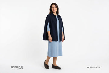Decollete Melluso donna indossate con mantella in panno lana navy e abito midi in maglia lana azzurro polvere. Outfit 1
