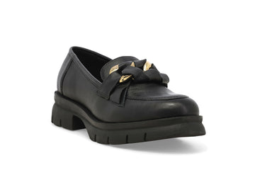 Melluso Women's Black Leather Casual Loafers with Tank Tread Sole