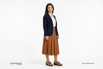 Mocassini Melluso donna indossati con blazer knitted lana navy, camicia viscosa crema e gonna midi plisse cognac. Outfit 2