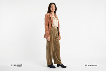 Mocassini Melluso donna indossati con blazer velluto terracotta, blusa satin champagne e pantaloni palazzo velluto ocra. Outfit 2