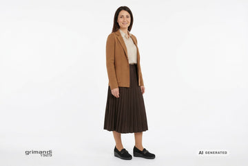 Mocassini Melluso donna indossati con blazer lana nocciola, camicia crema microstampata e gonna plisse cioccolato. Outfit 2