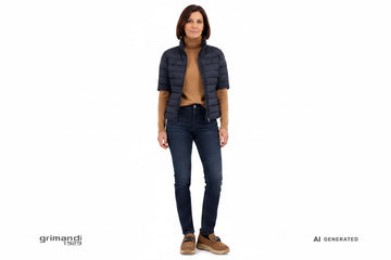 Outfit 1 – Giacca imbottita navy con dolcevita cammello e jeans scuro vita alta - AI-Generated Model