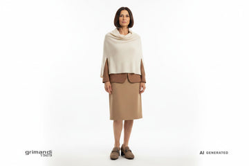 Outfit 1 Eleganza Quotidiana Autunnale – Mocassino camoscio nubuck beige sabbia morsetto catena gunmetal con mantella morbida cashmere melange panna sottogiacca fluido nocciola e gonna dritta ginocchio lana pettinata sabbia