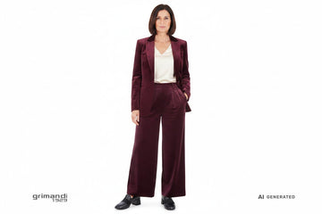 Mocassini Melluso pelle nera con strass jet indossati con Outfit 2: blazer destrutturato velluto bordeaux merlot, blusa satin panna e pantaloni palazzo velluto prugna profondo.