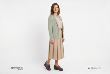 Mocassini Melluso donna indossati con blazer lana salvia, camicia cipria microstampata e gonna midi plisse sabbia. Outfit 2