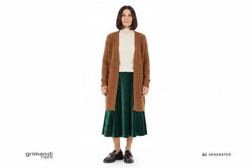 Outfit 1 Smart Daily – Cardigan lungo costine nocciola con dolcevita merino panna e gonna midi scampanata velluto verde pino