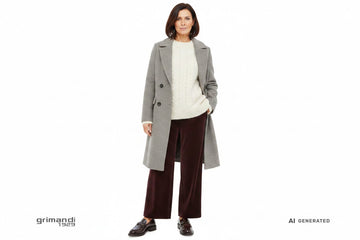 Outfit 2 Cozy Chic – Maglione oversize trecce alpaca avorio con cappotto doppiopetto greige e pantaloni palazzo velluto coste bordeaux merlot