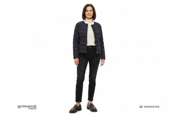 Outfit 1 Casual Chic – Giacca imbottita tecnica navy con dolcevita merino panna e jeans dritto vita alta lavaggio scuro