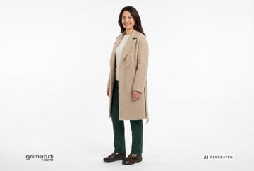 Mocassini Melluso donna indossati con cappotto boucle corda, maglia merino avorio e pantaloni flanella verde bosco. Outfit 2