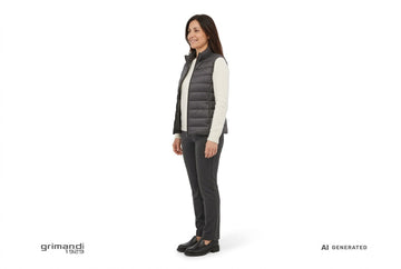 Mocassini Melluso donna indossati con gilet trapuntato antracite, pullover alpaca panna e pantaloni jersey grafite. Outfit 1