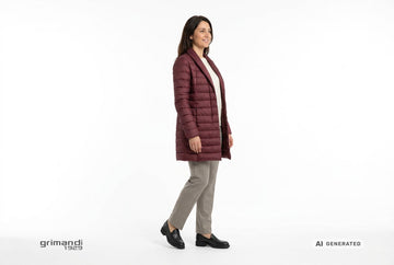 Mocassini Melluso donna indossati con cappotto trapuntato merlot, maglia lana seta panna e pantaloni stretch greige. Outfit 2