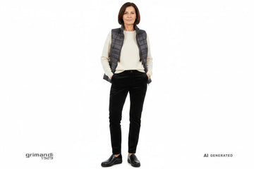 Outfit 1 Autunno Inverno – Gilet imbottito grafite con maglioncino lana cashmere panna e pantaloni velluto rasato nero