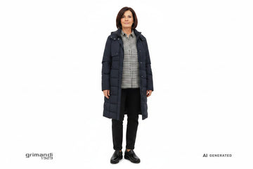 Outfit 2 Autunno Layering – Trench impermeabile imbottito blu notte con camicia lana micro-quadretti grigio perla e pantaloni chino cotone nero