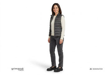 Mocassini Melluso donna indossati con gilet trapuntato antracite, maglia lana cashmere avorio e pantaloni velluto grafite. Outfit 1