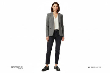 Outfit 1 Denim Casual Chic – Giacca monopetto lana pettinata greige con blusa fluida V panna e jeans sartoriale dritto lavaggio scuro