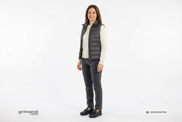 Mocassini Melluso donna indossati con gilet trapuntato antracite, maglia lana cashmere panna e pantaloni velluto grafite. Outfit 1