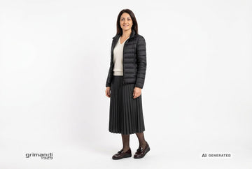 Mocassini Melluso donna indossati con piumino nylon nero, pullover cashmere panna e gonna midi plisse antracite. Outfit 1