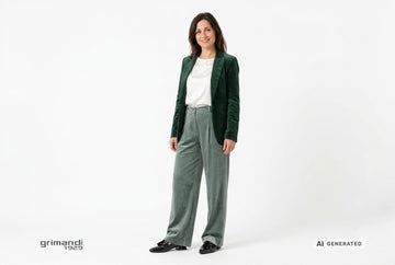 Mocassini Melluso donna indossati con blazer velluto verde bosco, blusa satin panna e pantaloni palazzo velluto salvia. Outfit 2