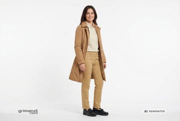 Mocassini Melluso donna indossati con trench imbottito cammello, camicia lana a quadretti crema e avorio e chino sabbia. Outfit 2