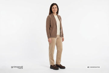 Mocassini Melluso donna indossati con cardigan moka a collo scialle, maglia panna e pantaloni dritti velluto sabbia. Outfit 2