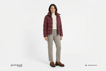 Mocassini Melluso donna indossati con giacca tecnica merlot, dolcevita merino avorio e jeans dritti greige. Outfit 1