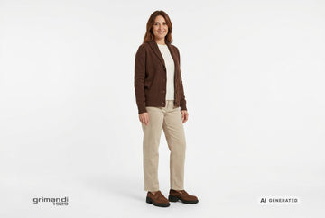 Mocassini Melluso donna indossati con cardigan cioccolato a collo scialle, maglia panna e jeans dritti sabbia. Outfit 2