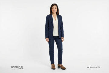 Mocassini Melluso donna indossati con blazer lana navy, blusa panna e jeans sartoriali in denim scuro uniforme. Outfit 1