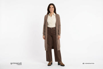 Mocassini Melluso donna indossati con cardigan cashmere moka, camicia twill crema e jeans ampi denim cioccolato. Outfit 2