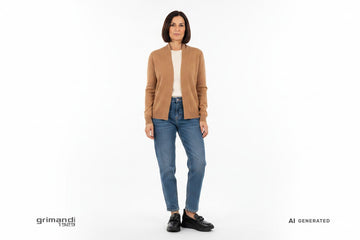 Outfit 2 – Cardigan scialle biscottato con maglia avorio e jeans medio wash - AI-Generated Model