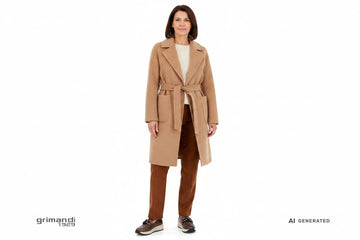 Outfit 1 – Cappotto vestaglia bouclé cammello con pantaloni flanella cognac - AI-Generated Model
