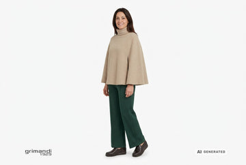 Mocassini Melluso donna indossati con mantella lana cotta corda a collo alto e pantaloni palazzo jersey verde bosco. Outfit 1