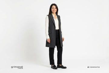 Mocassini Melluso donna indossati con gilet lungo lana antracite, camicia seta panna e pantaloni dritti flanella nera. Outfit 2