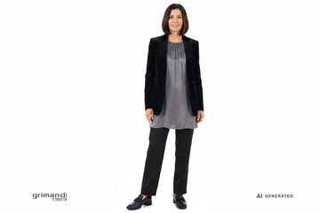 Melluso mocassino pelle nappa nera morsetto argento nodo tacco blocco basso Outfit evento serale tunica jersey satinato grigio pantaloni cady neri blazer tuxedo velluto - AI-Generated Model