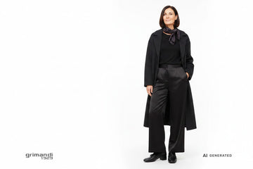 Melluso mocassino pelle nappa nera morsetto argento nodo tacco blocco basso Outfit occasione speciale pantaloni palazzo satin neri maglia viscosa cappotto lana foulard seta - AI-Generated Model