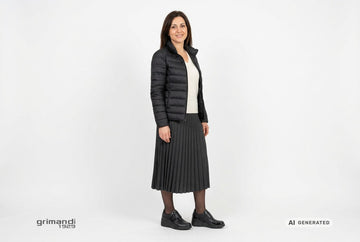 Mocassini Melluso donna indossati con piumino nylon nero, pullover cashmere panna e gonna midi plisse antracite. Outfit 2