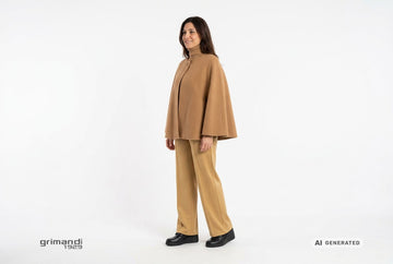 Mocassini Melluso donna indossati con cappa lana cotta cammello a collo alto e pantaloni palazzo jersey sabbia dorata. Outfit 1