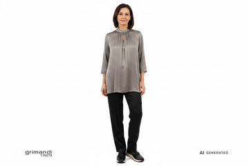 Outfit 1 – Tunica jersey satinato greige con pantaloni cady neri - AI-Generated Model