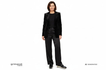 Outfit 2 – Blazer tuxedo velluto nero con pantaloni palazzo satin - AI-Generated Model