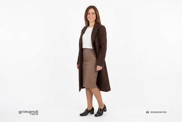 Mocassini Melluso donna indossati con cappotto lana cioccolato, blusa cady panna e gonna tubino crepe moka. Outfit 2