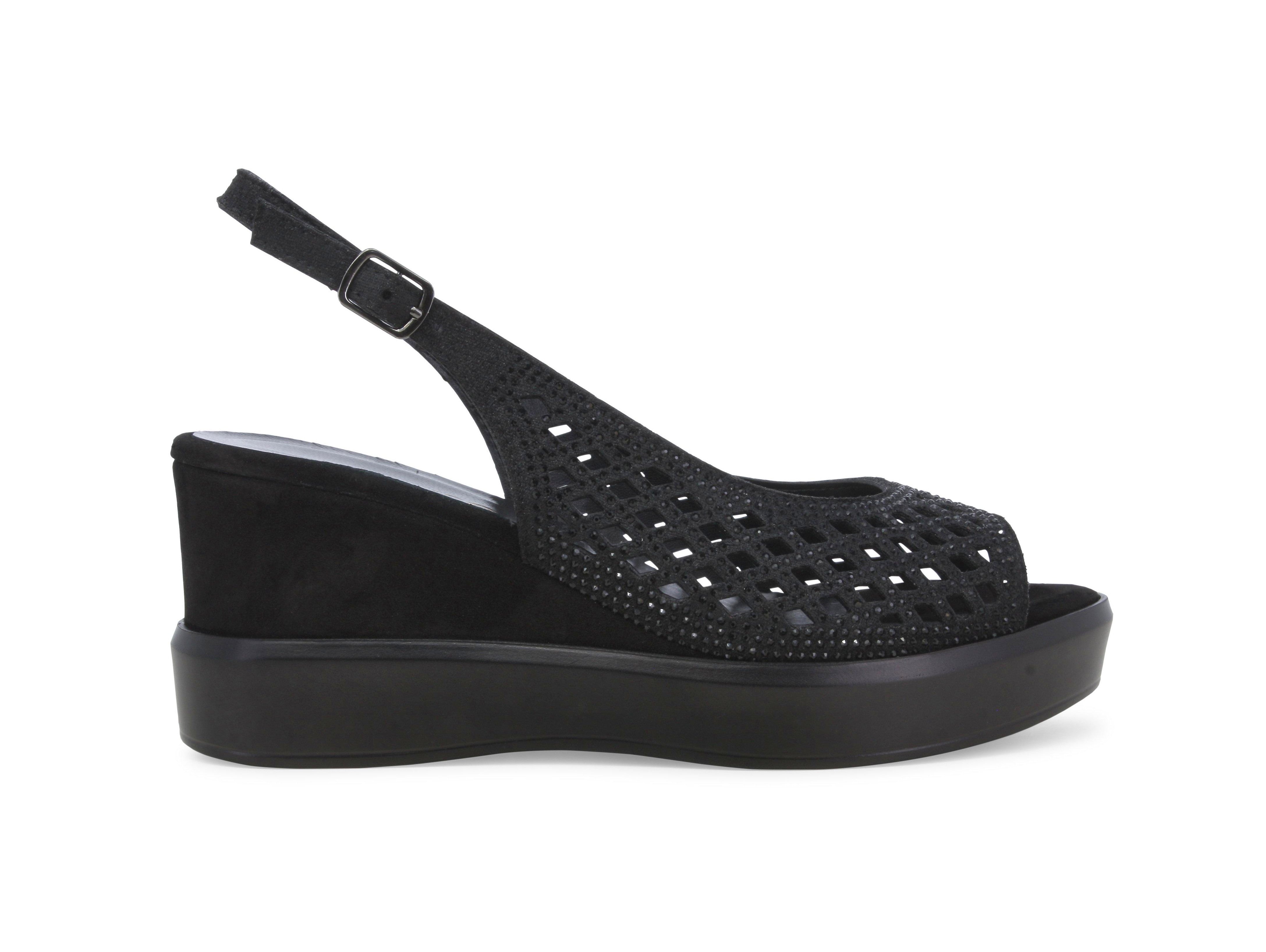 Sandalo Melluso Zeppa Camoscio Nero Traforato Strass Comfort
