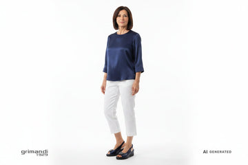 Melluso R80342Q Blu Navy Strass Gunmetal - Capri Lino Bianco Blusa Seta Blu Urban Chic - AI-Generated Model