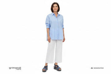 Walk by Melluso Blu Jeans Bimateriale Silver - Pantalone Lino Bianco Camicia Oversize Azzurra Androgino Preppy - AI-Generated Model