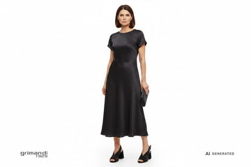Sandali Melluso camoscio nero traforato laser-cut con strass abbinati ad abito midi seta nera e clutch per cena romantica e serata glamour - AI-Generated Model