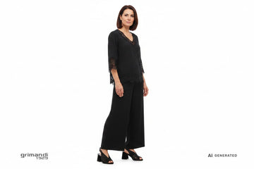 Sandali Melluso camoscio nero traforato laser-cut con strass abbinati a pantalone palazzo viscosa nera e blusa pizzo per outfit sofisticato serata - AI-Generated Model