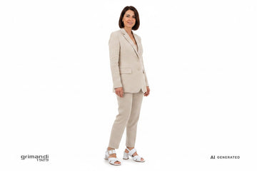 Sandali Melluso pelle bianca tacco blocco con fibbia oro quadrata abbinati a completo sartoriale lino bianco per look professionale estivo - AI-Generated Model