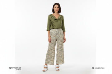 Sandali Melluso pelle bianca tacco blocco con fibbia oro quadrata abbinati a pantalone palazzo viscosa floreale e blusa seta per eleganza disinvolta estiva - AI-Generated Model